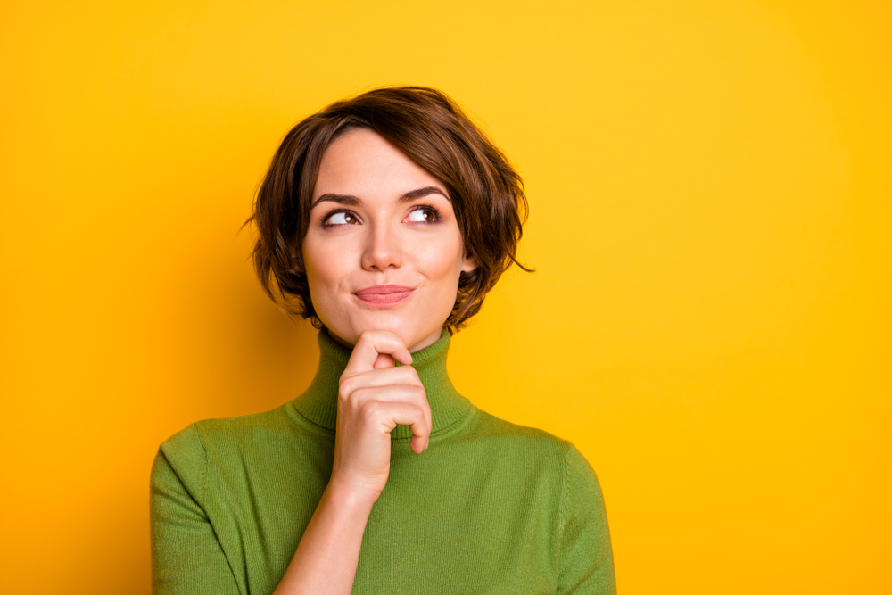 Closeup,Photo,Of,Amazing,Short,Hairdo,Lady,Looking,Up,Empty