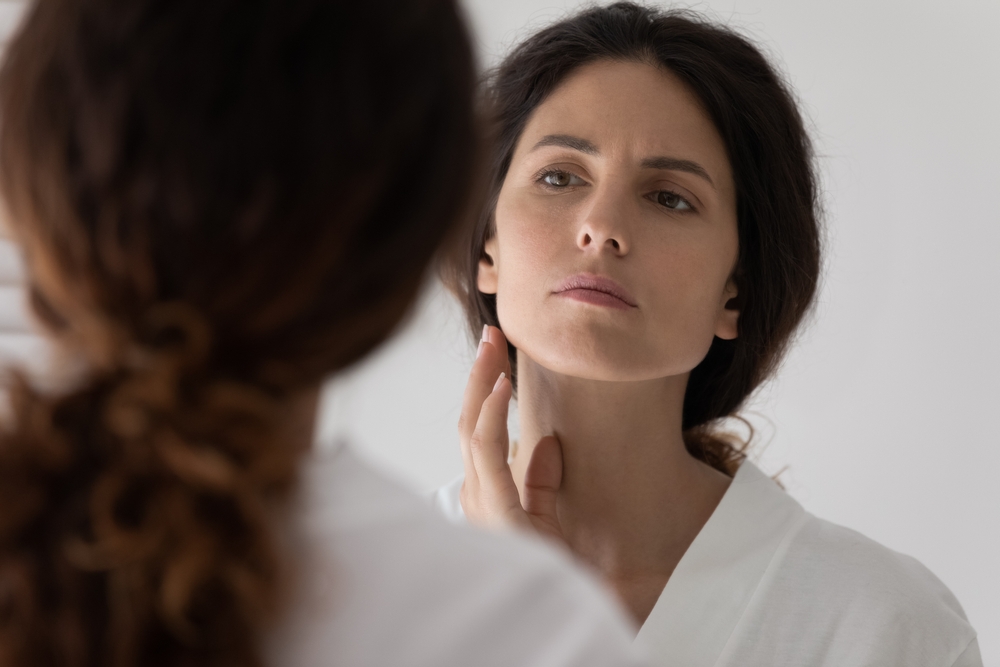 Close,Up,Woman,Looks,In,Mirror,Touch,Face,Feels,Upset